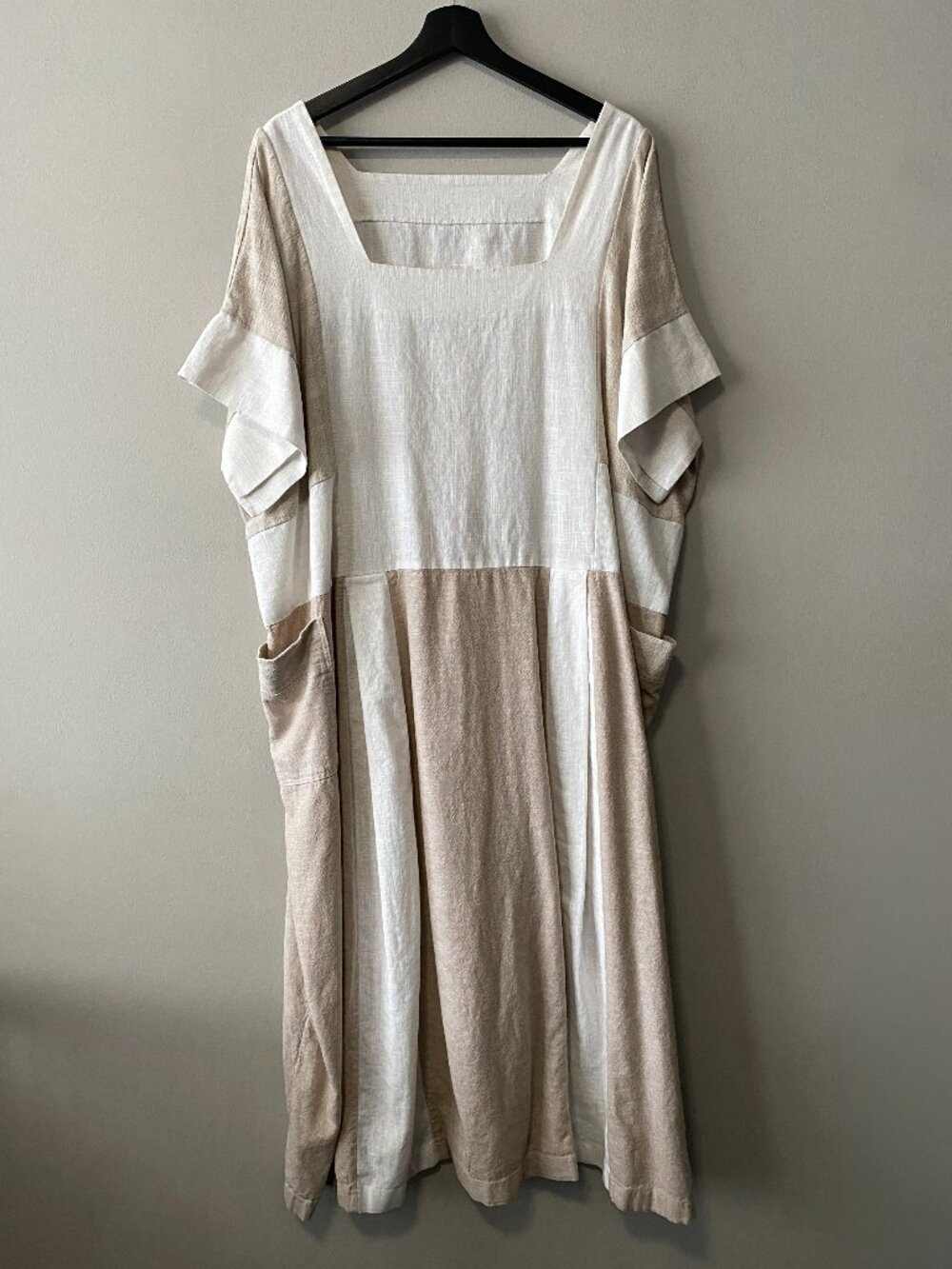 Handmade Plus Size Cotton Linen White Cream Beige Pockets Dress